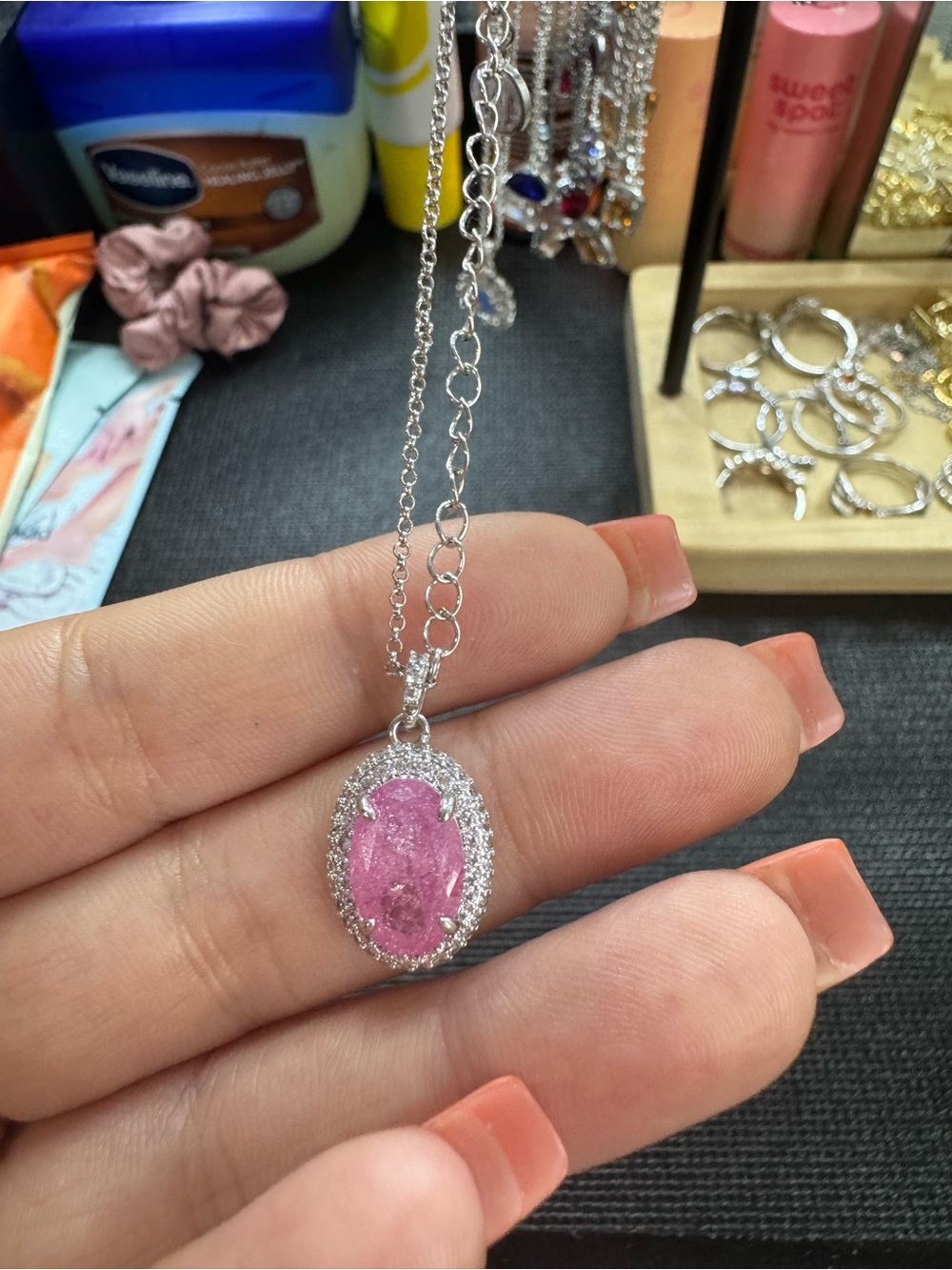 bp Silver-Tone Necklace with Pink Oval Crystal Pendant